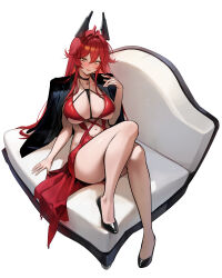 1girl between_breasts breasts daehoak double-parted_bangs dress evening_gown full_body goddess_of_victory:_nikke highres horns jacket jacket_on_shoulders mechanical_horns navel official_alternate_costume red_dress red_hood_(nikke) red_hood_(nonsense_red)_(nikke) simple_background solo strap_between_breasts white_background