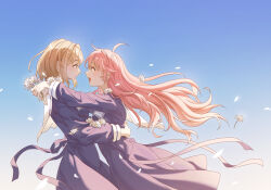 2girls absurdres arms_around_neck black_dress blue_sky brown_hair closed_mouth commentary day dress eye_contact falling_petals flower hands_on_another&#039;s_waist highres holding holding_flower innoarukugyou kagari_mimi kimi_ga_shinu_made_koi_wo_shitai long_hair long_sleeves looking_at_another multiple_girls open_mouth outdoors petals pink_hair sailor_collar sailor_dress school_uniform short_hair sky smile symbol-only_commentary totsuki_shiina white_flower white_sailor_collar yuri