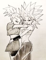 2girls absurdres alternate_hair_color bound bound_wrists breasts caulifla damage defeat dragon_ball dragon_ball_heroes dragon_ball_super highres hug kakoi_66 kale_(dragon_ball) kamin_(dragon_ball) large_breasts lying multiple_girls on_back one_eye_closed oren_(dragon_ball) possessed possession smile tongue tongue_out