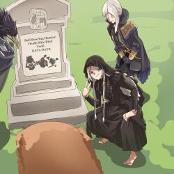 1boy 2girls asymmetrical_bangs barefoot bird_boy blue_eyes braid colored_eyelashes doll_joints dress duchess_(elden_ring) elden_ring elden_ring_nightreign english_text frilled_dress frills goth_fashion gothic_lolita grant_gustin_next_to_oliver_queen&#039;s_grave_(meme) grave guardian_(elden_ring) highres joints juliet_sleeves lolita_fashion long_sleeves low_twin_braids meme multiple_girls mystical_high_collar official_alternate_costume outdoors puffy_sleeves revenant_(elden_ring) smile thousand_chimer twin_braids v veil white_eyelashes white_hair