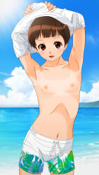 1girl arms_up beach bikini_tan blush brown_eyes brown_hair cloud collarbone dedenden_(pixiv30568724) flat_chest leaf_print looking_at_viewer male_swimwear navel nipples ocean open_mouth original plant_print print_swim_trunks removing_shirt sand shirt short_hair sky smile standing sun swim_trunks tan tanline topless_female undressing water white_shirt white_swim_trunks