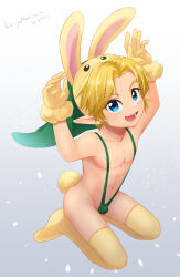1boy animal_hood armpits bare_hips bare_legs bent_over blonde_hair blue_eyes bulge erotani fake_bunny_ears gloves green_hat groin hat highres hood kneeling legs link male male_focus nintendo nipples pointy_ears rabbit_hood shota slingshot_swimsuit solo swimsuit the_legend_of_zelda the_legend_of_zelda:_ocarina_of_time thighhighs young_link