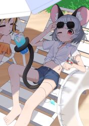 2girls absurdres animal_ear_fluff animal_ears asakura_haru barefoot blonde_hair blue_shorts closed_eyes closed_mouth collared_shirt cup drinking drinking_straw flat_chest grey_hair highres holding holding_cup lying mouse_ears mouse_girl mouse_tail multiple_girls nazrin on_back one_eye_closed outdoors prehensile_tail red_eyes shirt short_hair short_shorts short_sleeves shorts sunglasses tail tied_shirt toes toramaru_shou touhou white_shirt