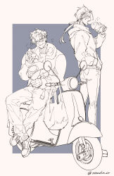 2boys :t artist_name bag chewing commentary_request eating fangs food food_on_face grey_background hand_in_pocket hand_up helmet highres holding holding_food hood hood_down hoodie humanization jacket karuo_(oooruka_cr) long_hair looking_at_food looking_at_viewer looking_to_the_side low_ponytail male_focus motor_vehicle motorcycle motorcycle_helmet multiple_boys open_mouth original pants ponytail shoes short_hair simple_background sitting smile standing steamed_bun sweater turtleneck turtleneck_sweater twitter_username