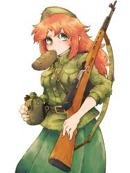 Rule 34 | 1girl, absurdres, ahoge, aqua eyes, belt, bread, breasts, brown belt, commentary request, cowboy shot, doe774, dress, food, food in mouth, garrison cap, green dress, green jacket, green pupils, green shirt, gun, gun sling, hammer and sickle, hat, highres, holding, holding canteen, holding gun, holding weapon, jacket, loaf of bread, long hair, looking at viewer, medium breasts, military fatigues, military jacket, military uniform, mouth hold, original, red hair, red star, rifle, shirt, simple background, sleeves pushed up, soldier, solo, soviet, soviet army, star (symbol), weapon, white background