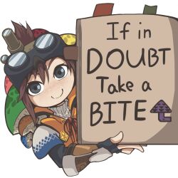 1girl black_gloves book brown_hair fingerless_gloves folded_ponytail gloves goggles goggles_on_head handler_(monster_hunter_world) holding holding_book looking_at_viewer monster_hunter:_world monster_hunter_(series) mushroom popped_collar smile tflame