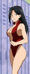 1girl :s alternate_hairstyle armpits arms_at_sides ass bare_shoulders belt black_hair boku_no_hero_academia breasts center_opening cleavage clenched_hand clenched_hands closed_mouth collarbone collared_leotard fingernails grey_eyes hair_down highleg highleg_leotard highres indoors large_breasts legs legs_together leotard locker locker_room long_hair long_image looking_to_the_side neck nervous no_bra no_panties red_leotard shiny_clothes shiny_skin sideboob skin_tight sleeveless leotard standing straight_hair tall_image thighs thighs_together thong_leotard tight_clothes unworn_belt yaoyorozu_momo