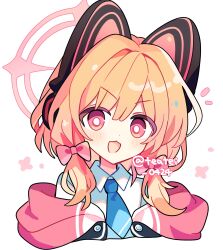 1girl :d animal_ear_headphones animal_ears blonde_hair blue_archive blue_necktie blush bow cat_ear_headphones collared_shirt commentary cropped_torso dot_nose fake_animal_ears hair_bow halo headphones highres jacket looking_at_viewer medium_hair momoi_(blue_archive) necktie off_shoulder open_mouth pink_bow pink_eyes pink_halo pink_jacket shirocha_tei shirt simple_background smile solo twitter_username v-shaped_eyebrows white_background white_shirt
