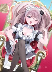 1girl ;o bear_hair_ornament black_dress blonde_hair breasts brown_thighhighs cleavage danganronpa:_trigger_happy_havoc danganronpa_(series) dress enoshima_junko feet_out_of_frame frills garter_straps grey_eyes hair_ornament hanahusa highres large_breasts long_hair looking_at_viewer nail_polish one_eye_closed puffy_short_sleeves puffy_sleeves short_sleeves solo teeth thighhighs twintails upper_teeth_only