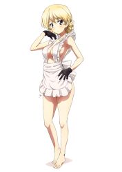 1girl apron barefoot black_gloves blonde_hair blue_eyes blush braid breasts cleavage closed_mouth darjeeling_(girls_und_panzer) erakin full_body girls_und_panzer gloves large_breasts looking_at_viewer naked_apron simple_background solo white_background