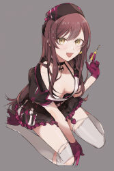 Rule 34 | 1girl, absurdres, arm support, bat necklace, between legs, black choker, black dress, black headwear, blush, breasts, brown hair, choker, cleavage, collarbone, cup, dress, earrings, frilled dress, frills, from above, gloves, grey background, hair ornament, hairclip, hand between legs, hand up, heart, heart earrings, higawari (higawarikn), high heels, highres, holding, holding syringe, idolmaster, idolmaster shiny colors, jewelry, long hair, looking at viewer, medium breasts, open mouth, osaki amana, puffy short sleeves, puffy sleeves, purple footwear, purple gloves, short sleeves, simple background, single earring, sitting, smile, solo, swept bangs, syringe, thighhighs, torn clothes, torn thighhighs, wariza, white thighhighs, yellow eyes