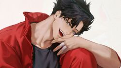1boy adam&#039;s_apple arm_on_knee bandaged_fingers bandages black_hair black_shirt chohyojeong collarbone collared_jacket commentary_request crew_neck curtained_hair haikyuu!! highres jacket knee_up korean_commentary kuroo_tetsurou looking_to_the_side male_focus open_clothes open_jacket open_mouth pants red_jacket red_pants sharp_teeth shirt short_hair sideways_glance solo t-shirt teeth tongue unzipped white_background yellow_eyes zipper