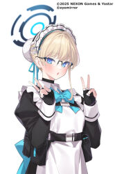 apron aqua_ribbon back_ribbon belt belt_pouch black_gloves blonde_hair blue_archive blue_eyes blue_halo blush choker collared_shirt double_v fingerless_gloves gloves hair_bun hair_ribbon halo long_sleeves maid maid_headdress official_art open_mouth popqn pouch promotional_art ribbon semi-rimless_eyewear shirt single_hair_bun toki_(blue_archive) v white_sleeves