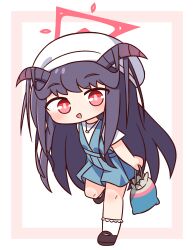 1girl :d bag blue_archive blue_dress blush brown_shoes chibi chibi_only commentary dress full_body fuuka_(blue_archive) fuuka_(casual)_(blue_archive) hair_on_horn halo hana_kazari hat highres holding holding_bag horns leg_up long_hair looking_at_viewer open_mouth purple_hair purple_horns red_eyes red_halo shoes short_sleeves simple_background smile socks solo standing standing_on_one_leg white_background white_hat white_socks