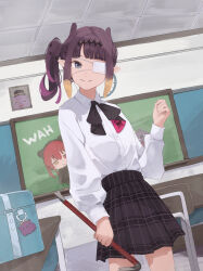 Rule 34 | 1girl, bag, black ribbon, black skirt, blue eyes, blunt bangs, chair, chalkboard, chuunibyou, classroom, clock, collared shirt, commentary, cowboy shot, crowbar, desk, dress shirt, english commentary, eyepatch, flat chest, gradient hair, hand up, headpiece, highres, holding, holding crowbar, hololive, hololive english, houshou kumarine, houshou marine, indoors, light smile, long sleeves, looking at viewer, malvar, medical eyepatch, miniskirt, mole, mole under eye, multicolored hair, ninomae ina&#039;nis, ninomae ina&#039;nis (school uniform), official alternate costume, official alternate hairstyle, one eye covered, orange hair, picture frame, plaid clothes, plaid skirt, pleated skirt, pointy ears, purple hair, ribbon, school bag, school chair, school desk, school uniform, shirt, shirt tucked in, side ponytail, sidelocks, skirt, solo, takodachi (ninomae ina&#039;nis), tentacle hair, virtual youtuber, wah, wall clock, white shirt
