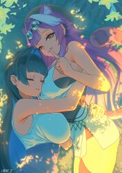 2girls animal_ear_fluff animal_ears beret black_hair black_hat blue_hair blue_pants blunt_bangs breasts closed_mouth colored_inner_hair dappled_sunlight extra_ears finger_to_mouth from_above goggles goggles_on_head grass hair_intakes hat head_on_chest high-waist_pants highres hololive hololive_english hug index_finger_raised large_breasts linear_71 long_hair looking_at_viewer lying multicolored_hair multiple_girls official_alternate_costume on_side ouro_kronii ouro_kronii_(casual) outdoors panther_ears panther_girl panther_tail pants parted_lips pink_hair raora_panthera raora_panthera_(1st_costume) romaji_commentary shirt shushing sleeping sleeveless sleeveless_shirt smile streaked_hair sunlight tail teeth twitter_username two-tone_hair very_long_hair virtual_youtuber white_hair white_shirt white_unitard yellow_eyes