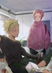2boys aqua_eyes black_bag black_pants black_shirt blonde_hair blue_lock can character_request green_eyes hands_in_pocket highres indoors itoshi_sae long_sleeves male_focus mm39572 multiple_boys pants pink_sweater plant red_hair shirt short_hair sitting sweater window_blinds