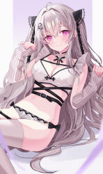1girl absurdres ahoge black_bow bow bow_panties bra commentary_request crossed_bangs gradient_background grey_arm_warmers grey_bra grey_hair grey_panties grey_thighhighs hair_ornament hands_up highres lace lace-trimmed_panties lace_trim letter_hair_ornament long_hair navel original panties sitting solo thighhighs underwear ureinnn very_long_hair