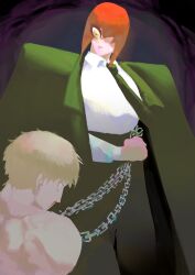 1boy 1girl blonde_hair blood chain chain_leash chainsaw_man coat coat_on_shoulders denji_(chainsaw_man) formal_clothes giganthealien green_coat green_necktie green_suit hair_over_one_eye highres holding holding_leash leash makima_(chainsaw_man) necktie nosebleed red_hair suit yellow_eyes