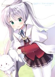 1girl 2023 black_skirt blush commentary crossed_legs dated dutch_angle fortune_arterial green_eyes happy_birthday hat highres miniskirt open_mouth outdoors pantyhose pleated_skirt rabbit school_uniform skirt solo takepoison tougi_shiro twintails white_hair white_pantyhose