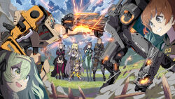 1boy 6+girls :3 adam_(stellar_blade) arm_up banner bare_shoulders black_dress black_hair blonde_hair blue_eyes blue_sky blunt_bangs bodysuit boots breasts brown_hair chime_(nikke) clenched_teeth cloud cloudy_sky commentary_request crossed_arms crossover crown crown_(nikke) dress drill_hair dust_cloud eve_(stellar_blade) exhaust_pipe exoskeleton fence gloves glowing glowing_eyes goddess_of_victory:_nikke green_bodysuit green_eyes green_hair grey_hair grin hair_between_eyes hair_ribbon hand_up hands_up helmet high_heels highres hood incoming_attack incoming_punch inset jumpsuit kilo_(nikke) lamppost lily_artemis_ii_(stellar_blade) long_hair long_sleeves mecha modernia_(nikke) modernia_(second_affection)_(nikke) multicolored_bodysuit multiple_girls open_mouth outdoors own_hands_clasped own_hands_together pantyhose ponytail providence_(stellar_blade) puffy_sleeves punching red_eyes ribbon robot shirt short_hair shorts sky sleeveless smile sparks stellar_blade sweat syope talos_(nikke) teeth thighhighs twin_drills very_long_hair white_bodysuit white_gloves white_shirt wide_sleeves wooden_fence yellow_gloves