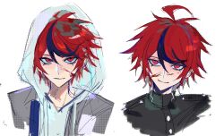 1boy ahoge binxngchng1 blood blood_on_face blood_splatter blue_hair closed_mouth hair_between_eyes highres hood hood_up hoodie last_defense_academy_school_uniform looking_at_viewer male_focus messy_hair red_eyes red_hair solo solo_focus sumino_takumi takumi-g_(hundred_line) the_hundred_line_-last_defense_academy- upper_body white_hoodie