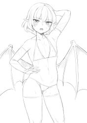 1girl arm_up armpits arms_behind_head bat_wings bikini blush bridal_gauntlets bunsuirei collarbone cowboy_shot fangs fingernails flat_chest hand_on_own_hip highres looking_at_viewer monochrome navel open_mouth pointy_ears remilia_scarlet short_hair slit_pupils solo standing sweat swimsuit teeth thighhighs touhou white_background wings