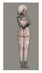 Rule 34 | 1girl, 621 (armored core vi), absurdres, armored core, armored core vi: fires of rubicon, blush, bodysuit, dark-skinned female, dark skin, ebonyxh, freckles, from behind, grey background, highres, looking at viewer, looking back, parted lips, ringed eyes, short hair, simple background, solaria (ebonyxh), solo, standing, white background, white hair, yellow eyes