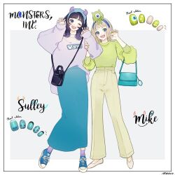 Rule 34 | 2girls, animification, character doll, character name, copyright name, cyclops, doll, genderswap, green eyes, humanization, james p. sullivan, meecosme, mike wazowski, monster, monsters inc., multiple girls, nail polish, one-eyed, pants, personification, sharp teeth, shirt, skirt, smile, socks, teeth