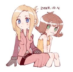 2girls :3 belt blonde_hair blue_eyes breasts brown_hair cropped_legs detached_sleeves final_fantasy final_fantasy_viii gloves green_eyes long_hair long_skirt loose_belt medium_breasts medium_hair midriff_peek multiple_girls navel nitoya_00630a overalls parted_bangs quistis_trepe selphie_tilmitt sitting skirt updo vest white_background yellow_overalls