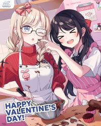 &gt;_&lt; 2girls black_hair blonde_hair blue_eyes blush bow bowl breasts candy chocolate chocolate_heart closed_eyes cooking cupcake earrings food glasses hair_bow hair_ribbon hairband happy_valentine heart heart-shaped_food highres idabelle_weiss jewelry kawashima_yaruki long_hair long_sleeves medium_breasts multiple_girls one_eye_closed open_mouth original overalls pink_overalls red_bow red_ribbon red_sweater ribbon second-party_source shirt sweater valentine white_hairband white_overalls white_shirt yaruwashi