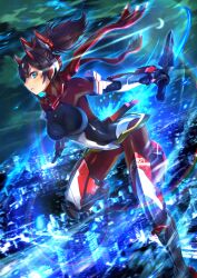 1girl armor asura_ninja blue_eyes bodysuit breasts brown_hair cityscape dual_wielding glowing highres holding holding_sword holding_weapon knife large_breasts long_hair looking_at_viewer mecha_musume mechanical_arms megami_device moon night night_sky ninja outdoors parted_lips ponytail red_scarf reverse_grip scarf shingo_(picturepuzzle) short_sword sky solo sword variant_set weapon