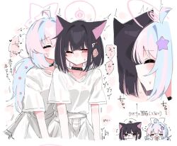 2girls animal_ears black_hair blue_archive blue_hair blush cat_ears closed_eyes commentary_request flying_sweatdrops hair_ornament halo kazusa_(blue_archive) multicolored_hair multiple_girls negu_(pixiv_6519140) one_eye_closed pink_eyes pink_hair pleated_skirt reisa_(blue_archive) shirt short_sleeves simple_background skirt speech_bubble star_(symbol) star_hair_ornament streaked_hair sweat translation_request white_background white_shirt white_skirt yuri