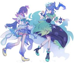 2girls blue_eyes blush boots bow closed_mouth cosplay creatures_(company) crown crystal dot_(pokemon) dress earrings eyelashes full_body game_freak gem gloves green_eyes hair_bun hair_ornament hair_over_eyes hair_over_one_eye hairclip highres jewelry liko_(pokemon) long_hair looking_at_viewer magical_girl multicolored_hair multiple_girls multiple_views nintendo open_mouth pink_hair pokemon pokemon_(anime) pokemon_horizons ponytail precure purple_hair quaquaval quaquaval_(cosplay) reference_sheet ribbon seiun_(hoshigumo_72) shorts skirt terapagos terapagos_(stellar) umbrella unofficial_precure_costume