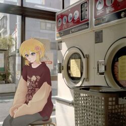 Rule 34 | 1boy, alternate costume, antenna hair, basil (faraway) (omori), basil (omori), blonde hair, blue eyes, closed mouth, flower, hair flower, hair ornament, hairclip, highres, honeymoonyart, laundromat, male focus, omori, pants, photo background, short hair, solo, sweatpants, washing machine
