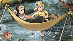 Rule 34 | 5girls, :&lt;, :d, bird, blonde hair, blue eyes, brown hair, burger, cat, chicken, clumsy nun (diva), commentary, diva (hyxpk), duck, eating, english commentary, eyewear on head, food, froggy nun (diva), glasses, glasses nun (diva), green one-piece swimsuit, hammock, highres, holding, holding burger, holding food, hungry nun (diva), little nuns (diva), multiple girls, nun, old-fashioned swimsuit, on hammock, one-piece swimsuit, open mouth, partially submerged, river, round eyewear, short hair, smile, spicy nun (diva), striped clothes, striped one-piece swimsuit, swimsuit, traditional nun, wet, wet hair, yellow eyes, yellow one-piece swimsuit