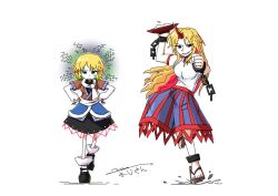2girls black_shoes black_skirt blonde_hair breasts brown_shirt chain clenched_hand cone_horns cup geta horns hoshiguma_yuugi long_hair long_sleeves medium_breasts mizuhashi_parsee multiple_girls sakazuki sash scarf shirt shoes short_sleeves skirt smile striped_clothes sweatdrop touhou vertical-striped_clothes very_long_hair white_background white_sash white_shirt white_sleeves wrist_cuffs yoiy_san