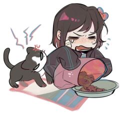 1boy anger_vein animalization bag black_jacket bowl brown_hair cat chibi chibi_only chinese_commentary closed_eyes commentary_request flying_sweatdrops freckles fu_shun_(touqi_guaitan) gauze gauze_on_cheek grey_shirt holding holding_bag jacket male_focus open_clothes open_jacket open_mouth pet_bowl pet_food shirt short_hair striped_clothes striped_shirt teardrop touqi_guaitan v-shaped_eyebrows woweileianguiduantui ziche_fuzhao