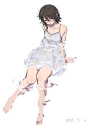 1girl bare_shoulders barefoot black_hair blush breasts collarbone dated dress hair_between_eyes highres momijiyama_teru short_hair shy_(series) small_breasts takatisakana water
