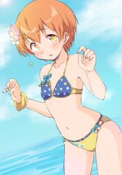 1girl ? bikini blue_sky blush day dutch_angle fingernails flower hair_flower hair_ornament hands_up highres hoshizora_rin looking_at_viewer love_live! love_live!_school_idol_project navel open_mouth orange_hair outdoors polka_dot polka_dot_bikini sen_(sen0910) short_hair sky solo standing swimsuit water wet yellow_eyes