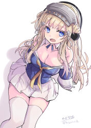 1girl absurdres blonde_hair blue_eyes blue_shirt breasts cleavage double_bun fletcher_(kancolle) hair_bun hair_ornament hairband headphones highres hizaka kantai_collection large_breasts long_hair looking_at_viewer neckerchief off_shoulder sailor_collar school_uniform serafuku shirt signature skirt smile solo star_(symbol) star_hair_ornament thighhighs twitter_username white_sailor_collar white_skirt white_thighhighs yellow_neckerchief
