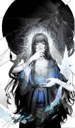 2girls absurdres artist_request black_hair blue_dress breasts broken_glass chinese_commentary collarbone commentary_request corruption dress earrings genderswap genderswap_(mtf) glass highres hug hug_from_behind jewelry long_hair lord_of_the_mysteries medium_breasts multiple_girls primordial_demoness ring simple_background snake snake_hair trissy_cheek white_background