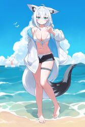 1girl absurdres animal_ears barefoot bikini blue_eyes blue_sky braid breasts closed_mouth cloud commentary_request day feet fox_ears fox_girl fox_tail fubuzilla_(shirakami_fubuki) full_body highres hololive jacket large_breasts ocean open_clothes open_jacket outdoors pentagram shirakami_fubuki single_braid sky smile solo standing summer swimsuit tail thigh_strap verdey virtual_youtuber white_bikini white_jacket