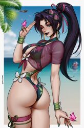 1girl ai-assisted alternate_costume ass breasts cleavage curvy green_one-piece_swimsuit hair_ribbon highleg highres huge_ass jeff_(marvel) large_breasts long_hair looking_at_viewer marvel marvel_rivals official_alternate_costume one-piece_swimsuit one_eye_closed ponytail prixmal psylocke psylocke_(breezy_butterfly) purple_hair ribbon shiny_skin smile swimsuit thong_one-piece_swimsuit water wide_hips x-men