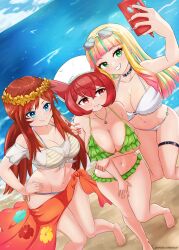 3girls absurdres aqua_hair artist_name beach bianca_(pokemon_heroes) bikini black_choker blonde_hair blue_eyes blunt_bangs breasts brown_hair choker cleavage cloud cloudy_sky day emixxcerberus eyewear_on_head fingernails flower frilled_bikini frills gen_4_pokemon green_bikini green_eyes hair_between_eyes hat head_wreath highres holding holding_phone in-franchise_crossover jewelry large_breasts long_fingernails long_hair melody_(pokemon) multicolored_hair multiple_girls nail_polish navel necklace nintendo ocean outdoors phone pink_hair pokemon pokemon_(anime) pokemon_(classic_anime) pokemon_heroes:_latios_&amp;_latias pokemon_the_movie:_the_power_of_us pokemon_the_movie_2000:_the_power_of_one red_eyes red_hair red_nails risa_(pokemon) rotom rotom_phone sand side-tie_bikini_bottom sky striped_bikini striped_clothes sunglasses swimsuit water white_bikini
