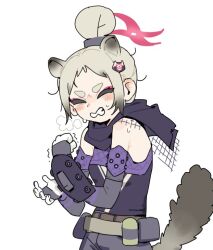 1girl alternate_costume alternate_hairstyle animal_ears apex_legends belt black_scarf blush closed_eyes commentary cosplay extra_ears eyeshadow gauntlets grey_hair hair_bun hair_ornament halo makeup michiru_(blue_archive) nemo_(leafnight) ninja parted_bangs peanut_mouth pink_eyeshadow pink_halo raccoon_ears raccoon_girl raccoon_tail scarf short_eyebrows single_hair_bun solo symbol-only_commentary tail thick_eyebrows utility_belt white_background wraith_(apex_legends) wraith_(apex_legends)_(cosplay)