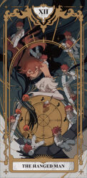 6+girls baduk_dog card_(medium) closed_eyes commentary_request english_text ericht_samaya grey_eyes gundam gundam_suisei_no_majo hair_down hand_on_another&#039;s_head highres hots_(gundam_suisei_no_majo) korean_commentary long_hair miorine_rembran multiple_girls multiple_persona nail_polish one_eye_closed red_hair spacesuit suletta_mercury tarot tarot_(medium) the_hanged_man_(tarot) thick_eyebrows tomato very_long_hair white_hair