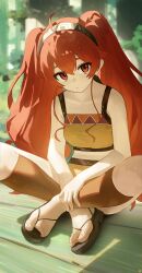 1girl absurdres ahoge alternate_hairstyle bare_arms breasts brown_tank_top closed_mouth commentary_request crop_top eris_greyrat hair_between_eyes hairband highres indian_style light_particles long_hair looking_at_viewer medium_breasts midriff multicolored_hairband mushoku_tensei red_eyes red_hair sandals sitting solo songchuan_li tank_top thighs toenails toes twintails