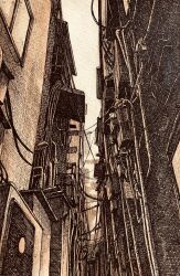 Rule 34 | alley, balcony, building, cable, door, graphite (medium), highres, ibsukionsen, no humans, original, road, scenery, sky, street, traditional media, industrial pipe, white sky, window, wire