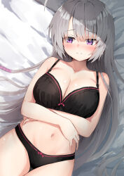 1girl 3: absurdres ahoge arms_under_breasts ayachi_nene bare_arms bare_shoulders bed_sheet black_bra black_panties blush bow bow_bra bow_panties bra breasts cleavage closed_mouth collarbone commentary_request cowboy_shot embarrassed eyes_visible_through_hair grey_hair hair_between_eyes hair_ribbon hair_spread_out highres lace lace-trimmed_bra lace_trim large_breasts long_hair looking_to_the_side lying navel nodoameyatou on_back panties pink_ribbon purple_eyes raised_eyebrows red_bow ribbon sanoba_witch solo split_mouth thigh_gap underwear underwear_only very_long_hair